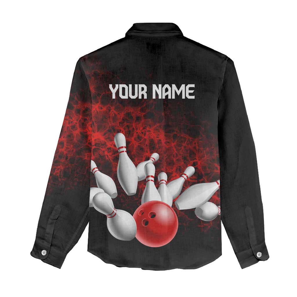 Red Bowling Ball and Pins Design Women Casual Shirt with Fiery Smoke Background and Custom Team Name Text - Wonder Print Shop