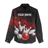 Red Bowling Ball and Pins Design Women Casual Shirt with Fiery Smoke Background and Custom Team Name Text - Wonder Print Shop