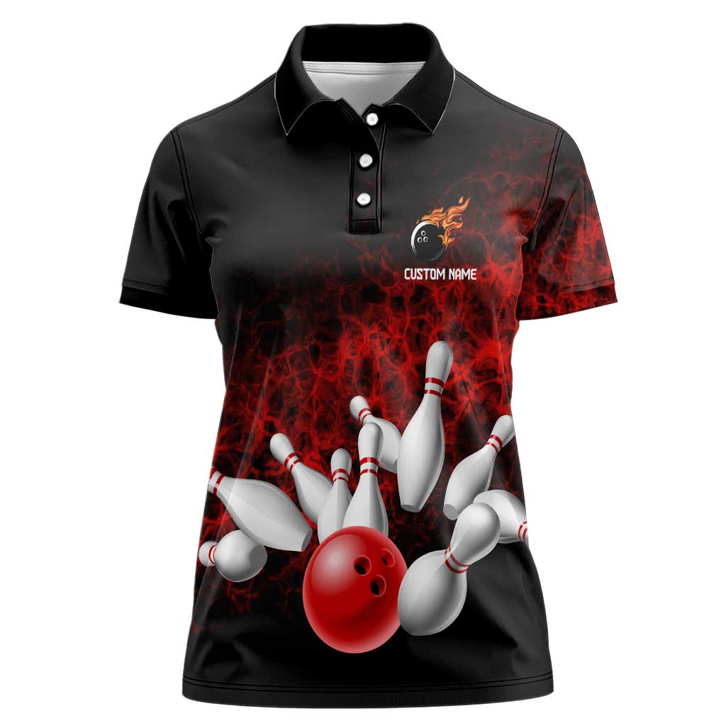 Red Bowling Ball and Pins Design Women Polo Shirt with Fiery Smoke Background and Custom Team Name Text - Wonder Print Shop
