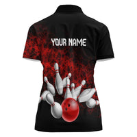 Red Bowling Ball and Pins Design Women Polo Shirt with Fiery Smoke Background and Custom Team Name Text - Wonder Print Shop