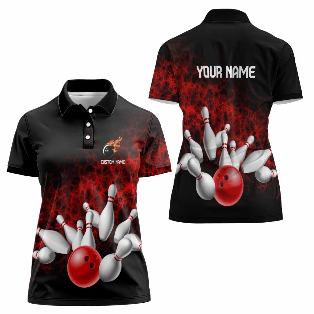 Red Bowling Ball and Pins Design Women Polo Shirt with Fiery Smoke Background and Custom Team Name Text - Wonder Print Shop