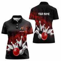 Red Bowling Ball and Pins Design Women Polo Shirt with Fiery Smoke Background and Custom Team Name Text - Wonder Print Shop