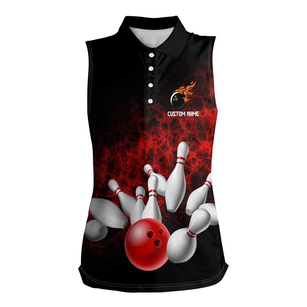 Red Bowling Ball and Pins Design Women Sleeveless Polo Shirt with Fiery Smoke Background and Custom Team Name Text - Wonder Print Shop