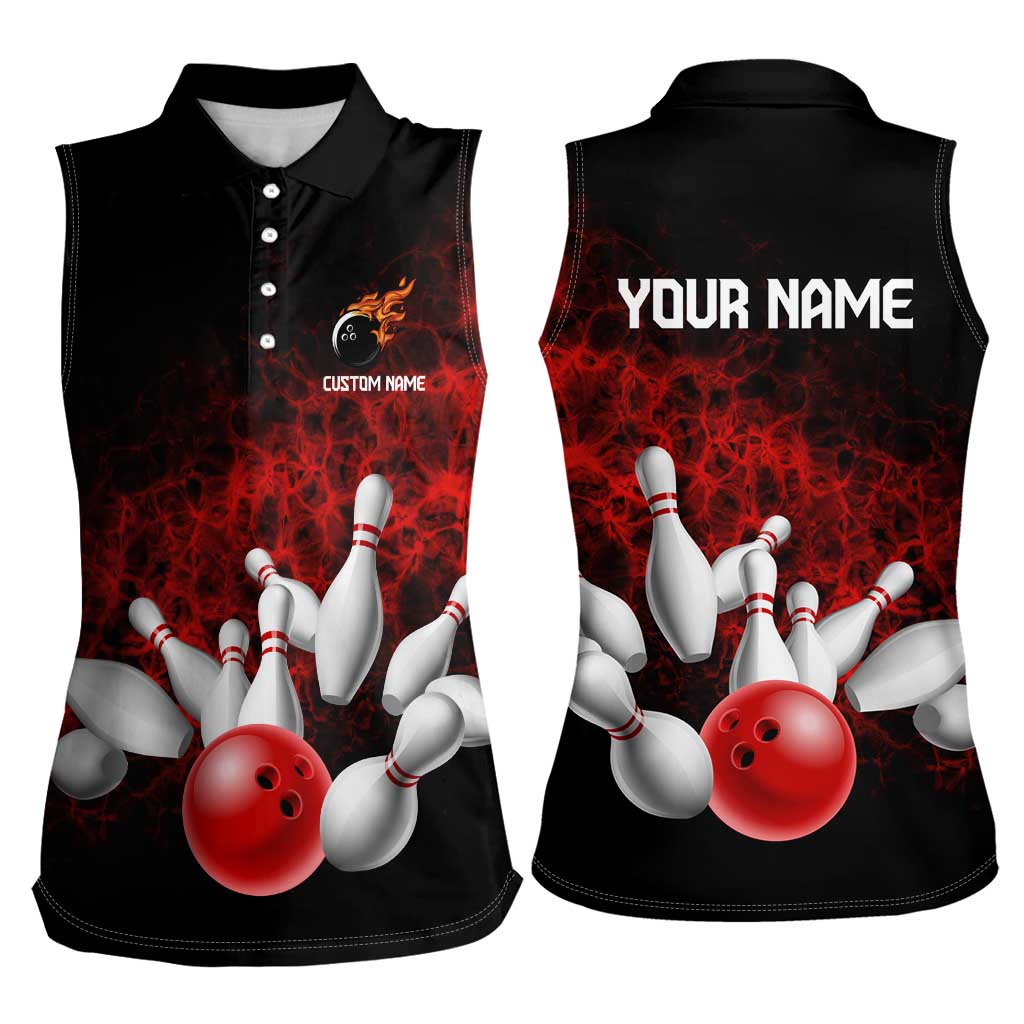 Red Bowling Ball and Pins Design Women Sleeveless Polo Shirt with Fiery Smoke Background and Custom Team Name Text - Wonder Print Shop