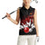 Red Bowling Ball and Pins Design Women Sleeveless Polo Shirt with Fiery Smoke Background and Custom Team Name Text - Wonder Print Shop