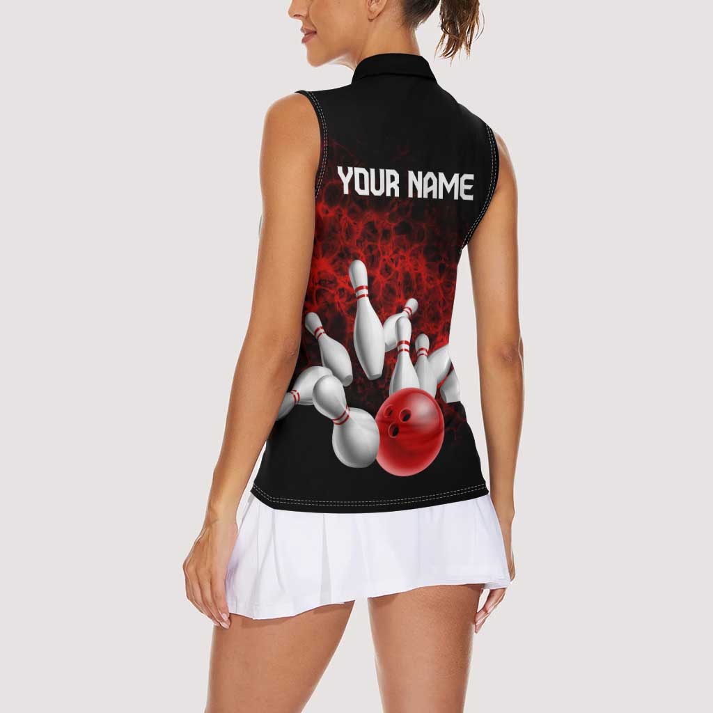 Red Bowling Ball and Pins Design Women Sleeveless Polo Shirt with Fiery Smoke Background and Custom Team Name Text - Wonder Print Shop