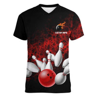 Red Bowling Ball and Pins Design Women V-Neck T-Shirt with Fiery Smoke Background and Custom Team Name Text - Wonder Print Shop