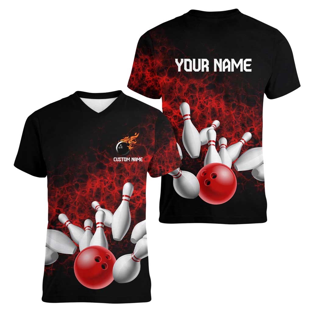 Red Bowling Ball and Pins Design Women V-Neck T-Shirt with Fiery Smoke Background and Custom Team Name Text - Wonder Print Shop