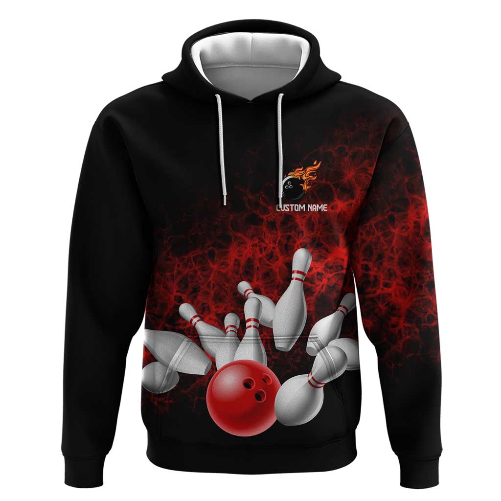 Red Bowling Ball and Pins Design Zip Hoodie with Fiery Smoke Background and Custom Team Name Text - Wonder Print Shop