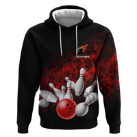Red Bowling Ball and Pins Design Zip Hoodie with Fiery Smoke Background and Custom Team Name Text - Wonder Print Shop