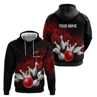 Red Bowling Ball and Pins Design Zip Hoodie with Fiery Smoke Background and Custom Team Name Text - Wonder Print Shop
