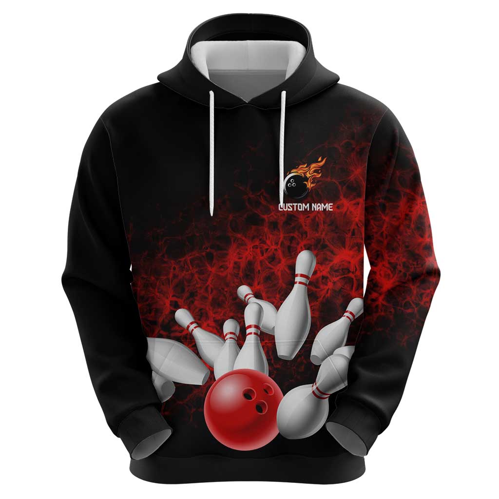 Red Bowling Ball and Pins Design Zip Hoodie with Fiery Smoke Background and Custom Team Name Text - Wonder Print Shop