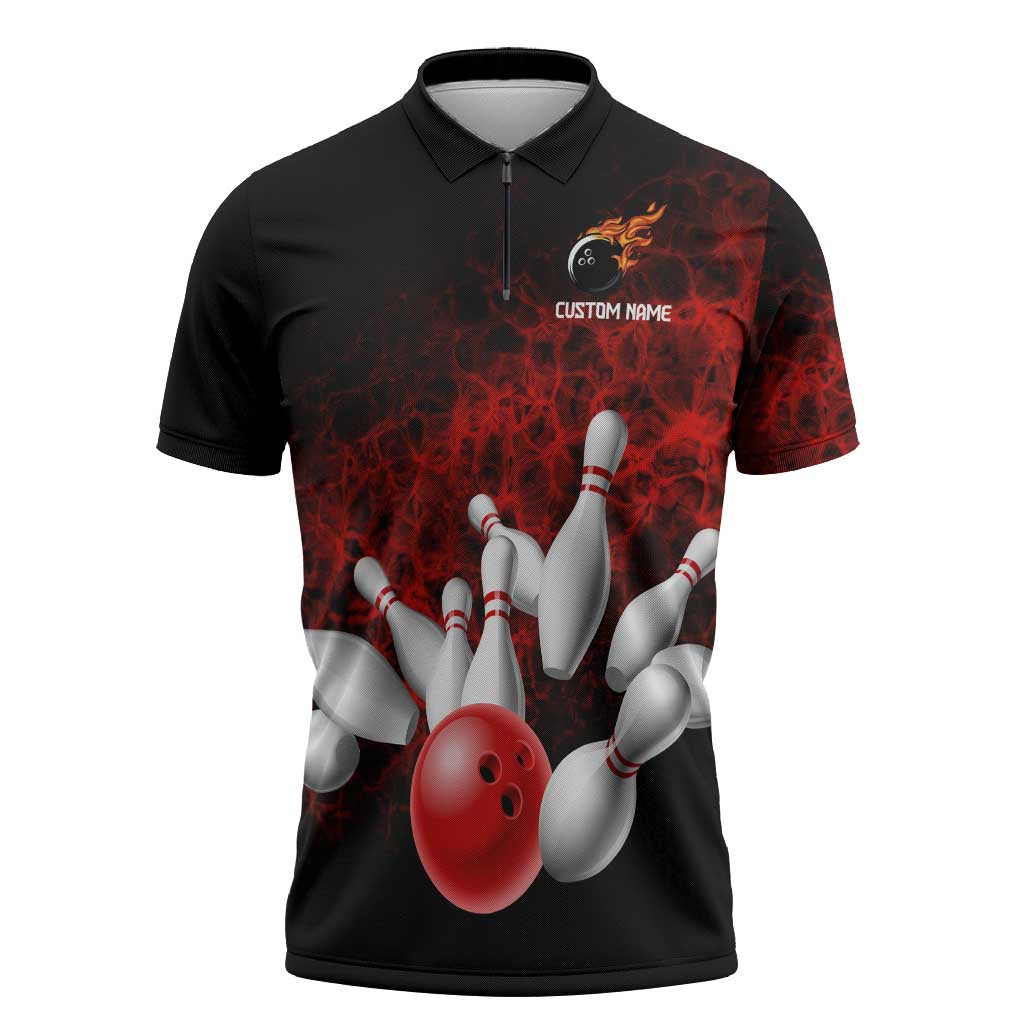 Red Bowling Ball and Pins Design Zipper Polo Shirt with Fiery Smoke Background and Custom Team Name Text - Wonder Print Shop