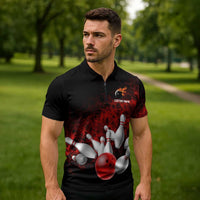 Red Bowling Ball and Pins Design Zipper Polo Shirt with Fiery Smoke Background and Custom Team Name Text - Wonder Print Shop