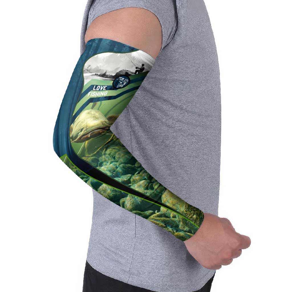 Catfish and Underwater Scene Design Arm Sleeves with Forest Background and Fishing Theme Elements - Wonder Print Shop