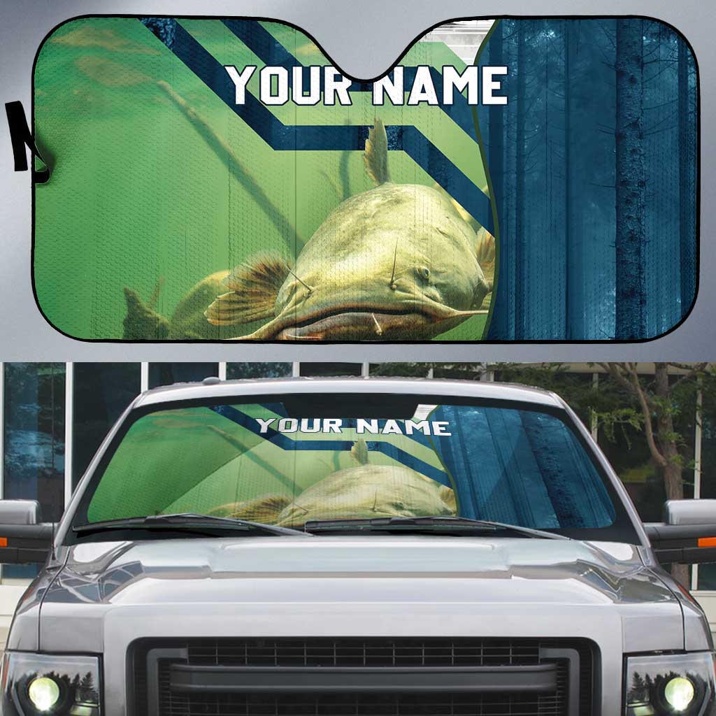 Catfish and Underwater Scene Design Auto Sun Shade with Forest Background and Fishing Theme Elements - Wonder Print Shop
