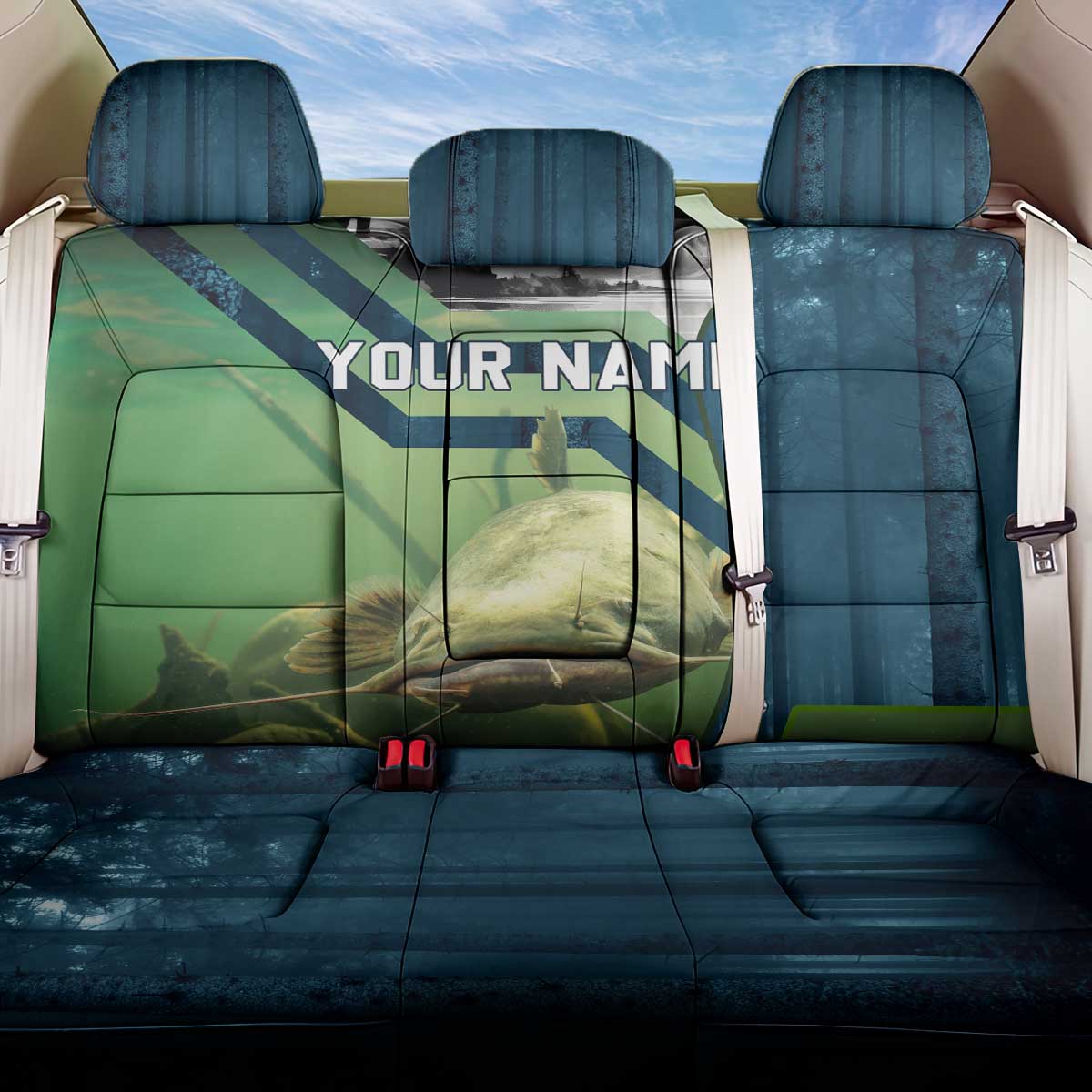 Catfish and Underwater Scene Design Back Car Seat Cover with Forest Background and Fishing Theme Elements - Wonder Print Shop