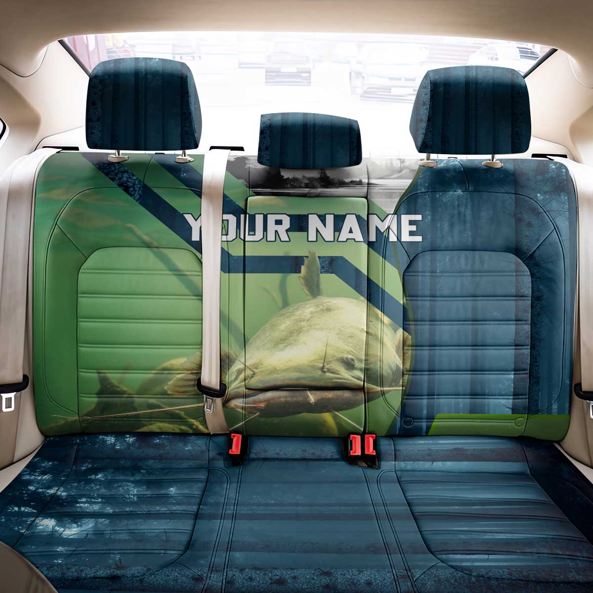 Catfish and Underwater Scene Design Back Car Seat Cover with Forest Background and Fishing Theme Elements - Wonder Print Shop