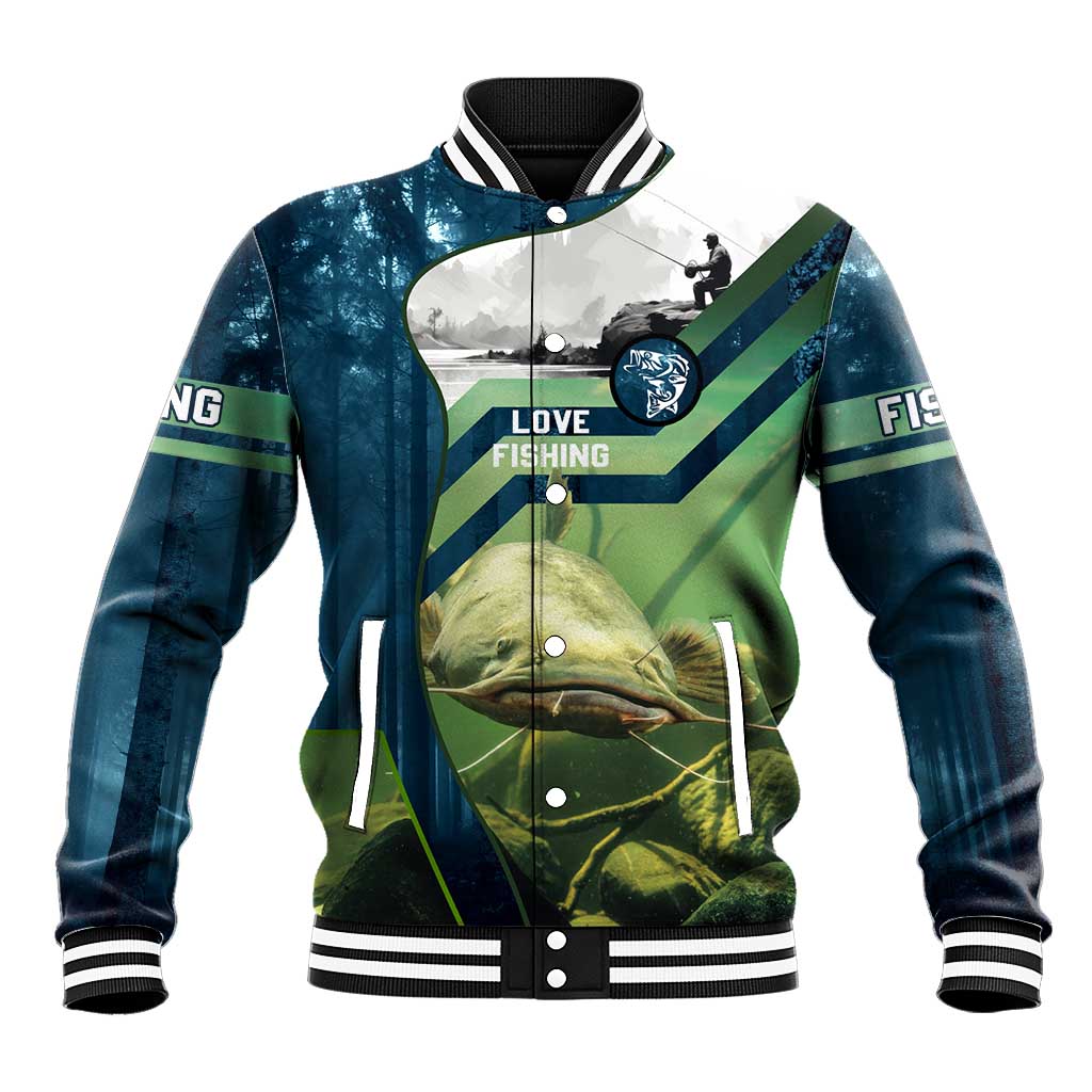 Catfish and Underwater Scene Design Baseball Jacket with Forest Background and Fishing Theme Elements - Wonder Print Shop