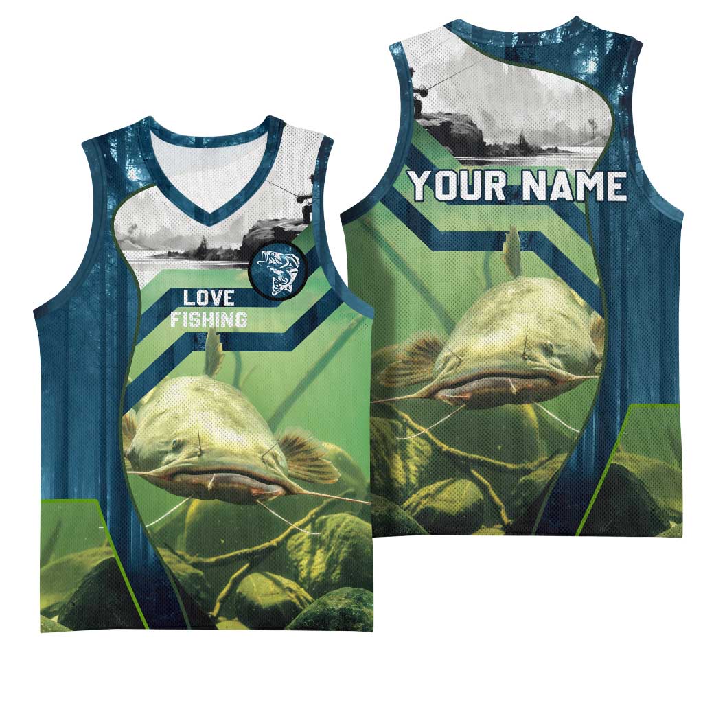 Catfish and Underwater Scene Design Basketball Jersey with Forest Background and Fishing Theme Elements - Wonder Print Shop