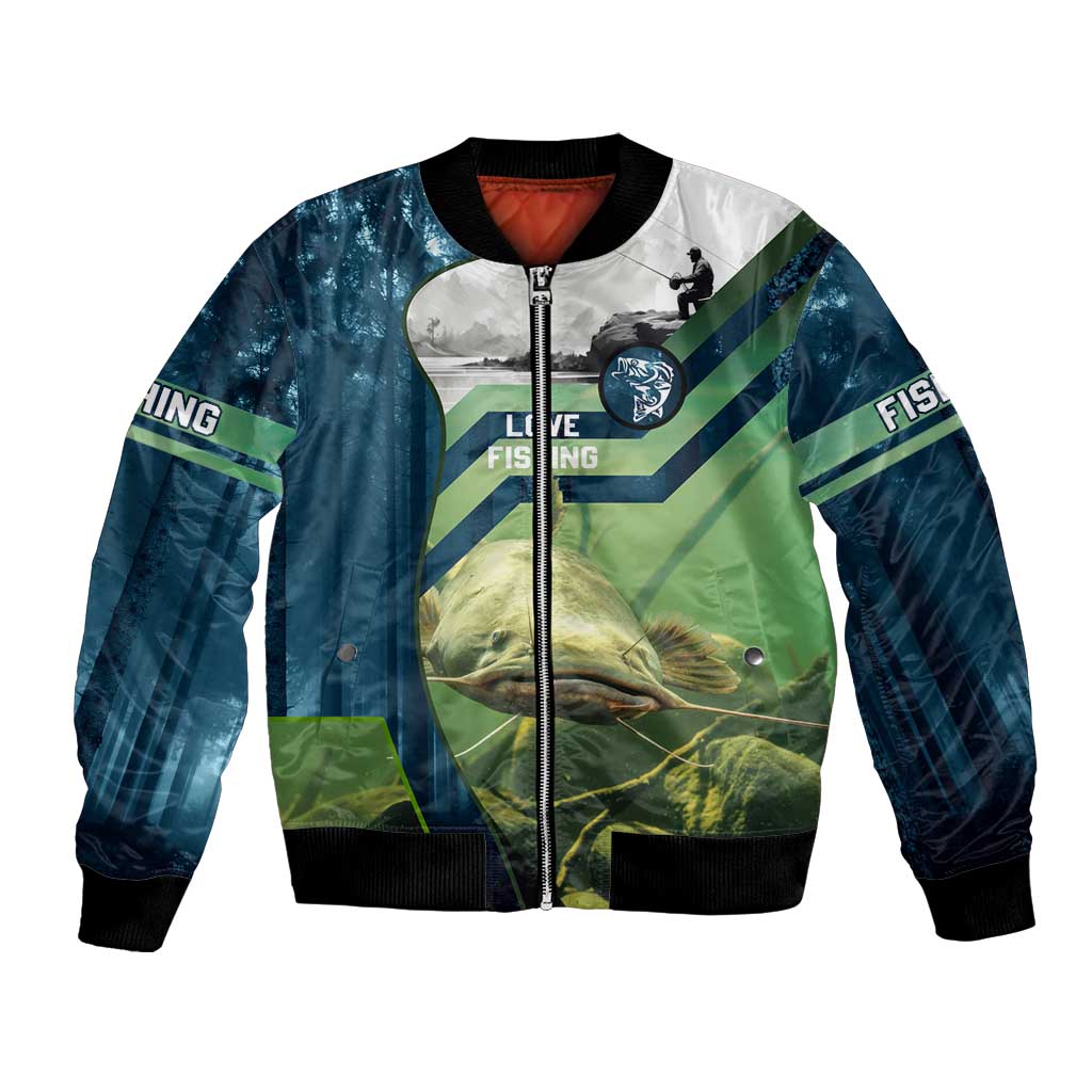 Catfish and Underwater Scene Design Bomber Jacket with Forest Background and Fishing Theme Elements - Wonder Print Shop