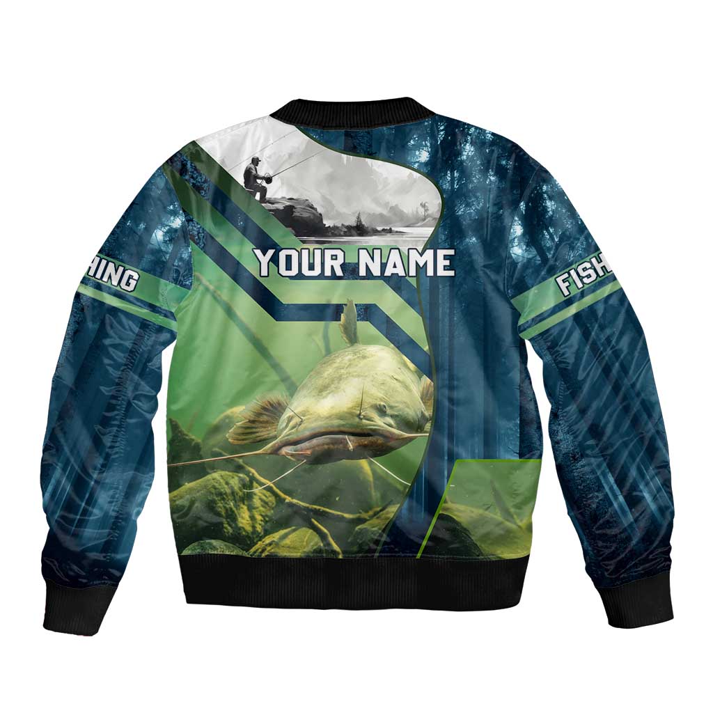 Catfish and Underwater Scene Design Bomber Jacket with Forest Background and Fishing Theme Elements - Wonder Print Shop