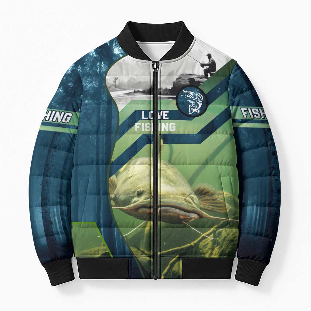 Catfish and Underwater Scene Design Bomber Puffer Jacket with Forest Background and Fishing Theme Elements - Wonder Print Shop