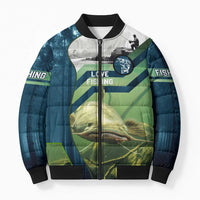 Catfish and Underwater Scene Design Bomber Puffer Jacket with Forest Background and Fishing Theme Elements - Wonder Print Shop