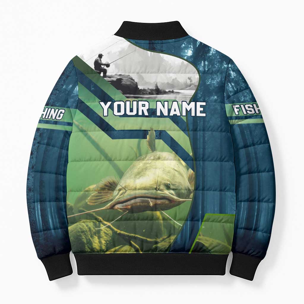 Catfish and Underwater Scene Design Bomber Puffer Jacket with Forest Background and Fishing Theme Elements - Wonder Print Shop