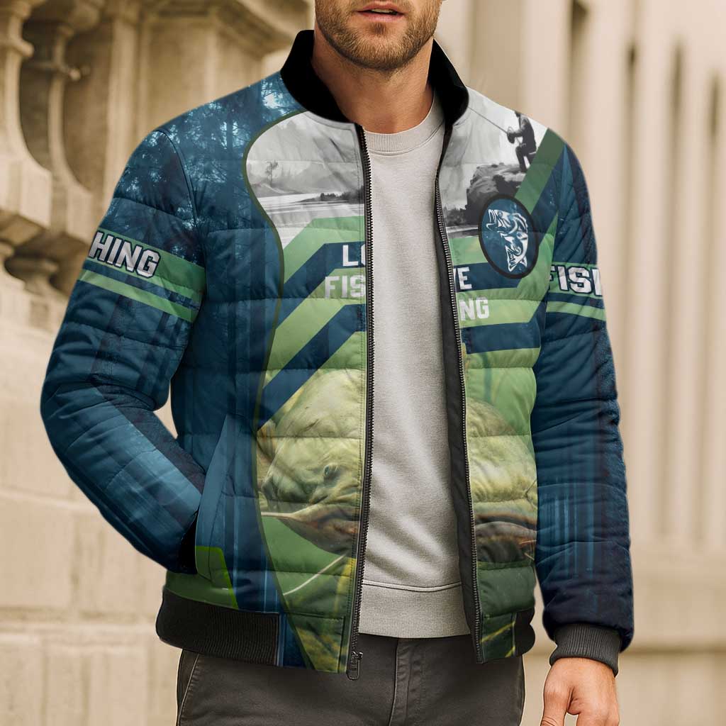Catfish and Underwater Scene Design Bomber Puffer Jacket with Forest Background and Fishing Theme Elements - Wonder Print Shop