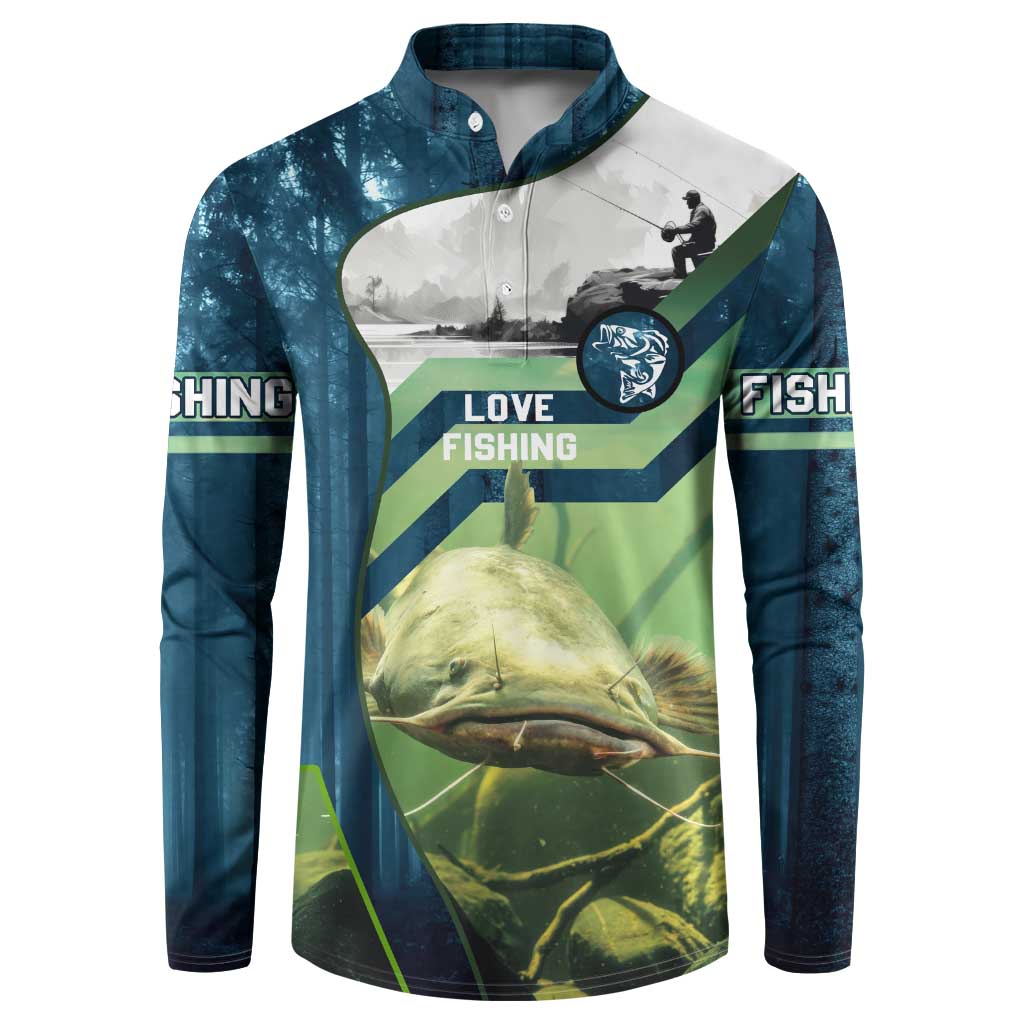 Catfish and Underwater Scene Design Button Sweatshirt with Forest Background and Fishing Theme Elements - Wonder Print Shop