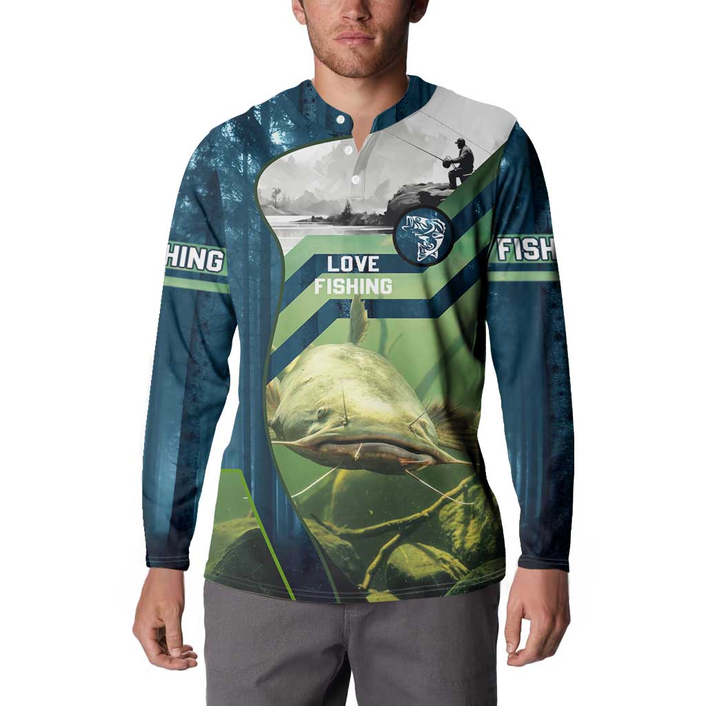 Catfish and Underwater Scene Design Button Sweatshirt with Forest Background and Fishing Theme Elements - Wonder Print Shop