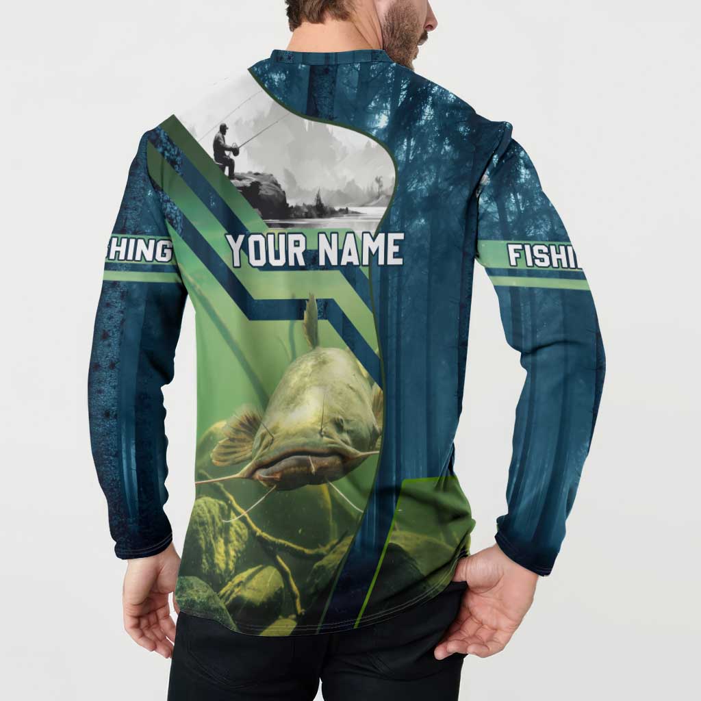 Catfish and Underwater Scene Design Button Sweatshirt with Forest Background and Fishing Theme Elements - Wonder Print Shop