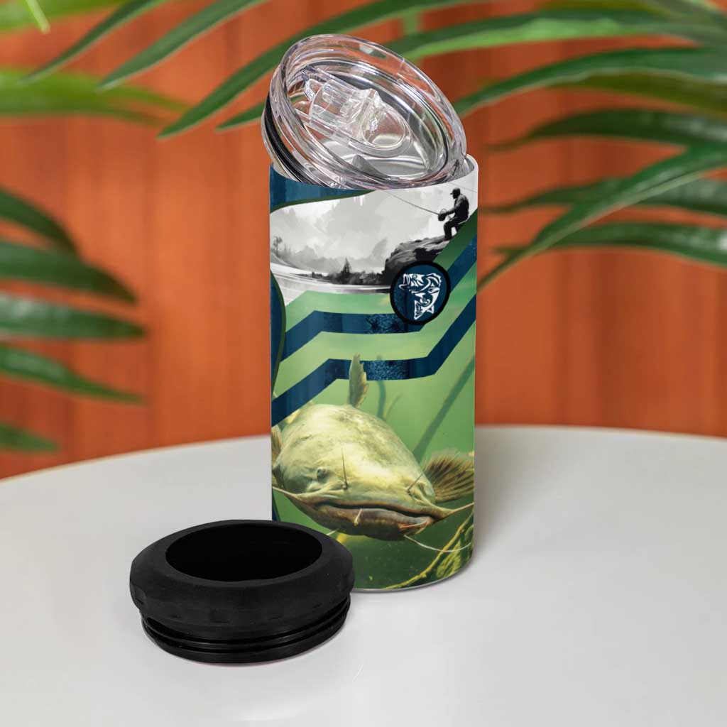 Catfish and Underwater Scene Design 4 in 1 Can Cooler Tumbler with Forest Background and Fishing Theme Elements - Wonder Print Shop