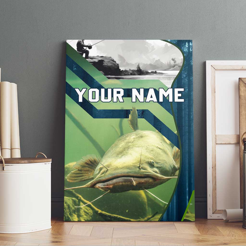 Catfish and Underwater Scene Design Canvas Wall Art with Forest Background and Fishing Theme Elements - Wonder Print Shop