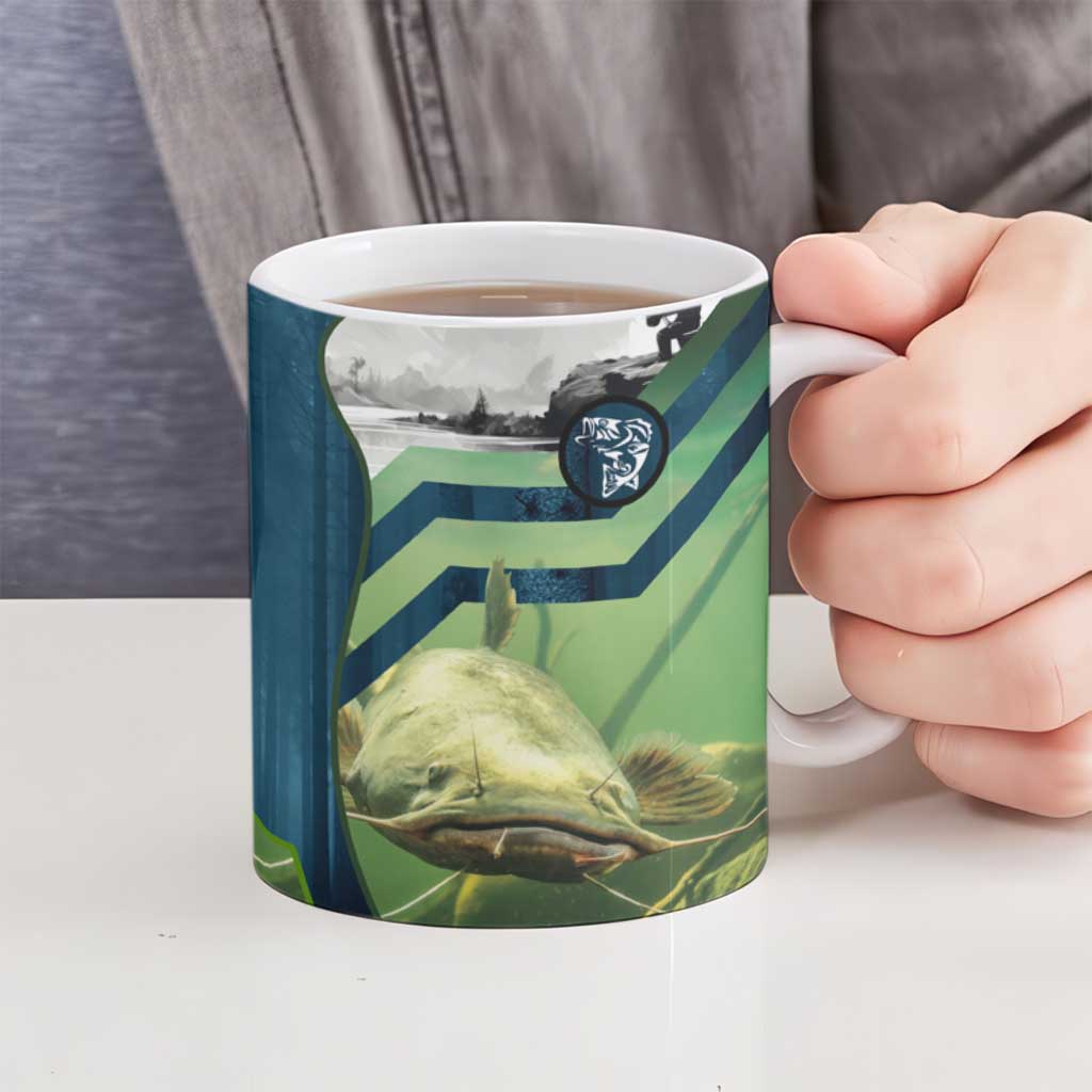 Catfish and Underwater Scene Design Ceramic Mug with Forest Background and Fishing Theme Elements - Wonder Print Shop