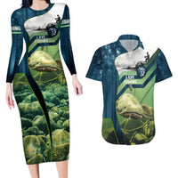Catfish and Underwater Scene Design Couples Matching Long Sleeve Bodycon Dress and Hawaiian Shirt with Forest Background and Fishing Theme Elements - Wonder Print Shop
