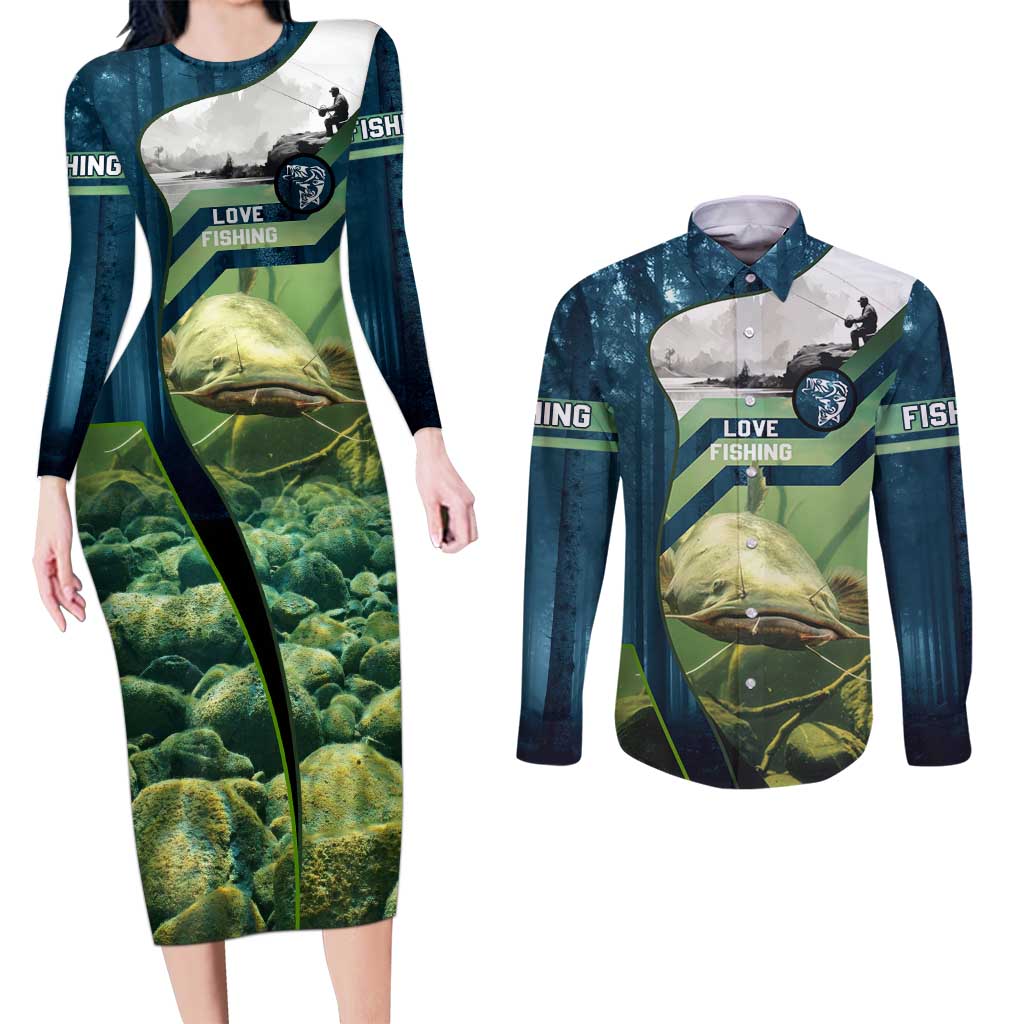Catfish and Underwater Scene Design Couples Matching Long Sleeve Bodycon Dress and Long Sleeve Button Shirt with Forest Background and Fishing Theme Elements - Wonder Print Shop