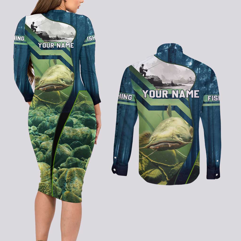Catfish and Underwater Scene Design Couples Matching Long Sleeve Bodycon Dress and Long Sleeve Button Shirt with Forest Background and Fishing Theme Elements - Wonder Print Shop