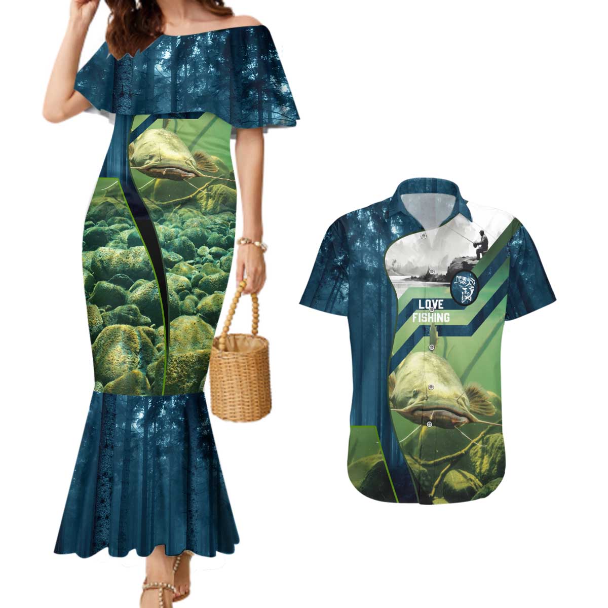 Catfish and Underwater Scene Design Couples Matching Mermaid Dress and Hawaiian Shirt with Forest Background and Fishing Theme Elements - Wonder Print Shop