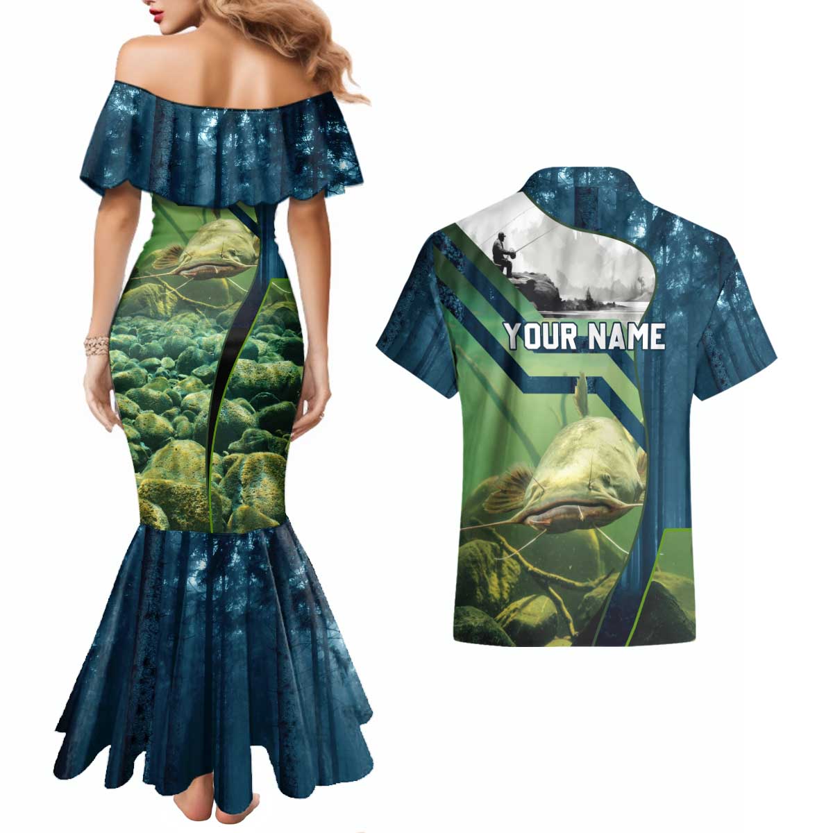 Catfish and Underwater Scene Design Couples Matching Mermaid Dress and Hawaiian Shirt with Forest Background and Fishing Theme Elements - Wonder Print Shop