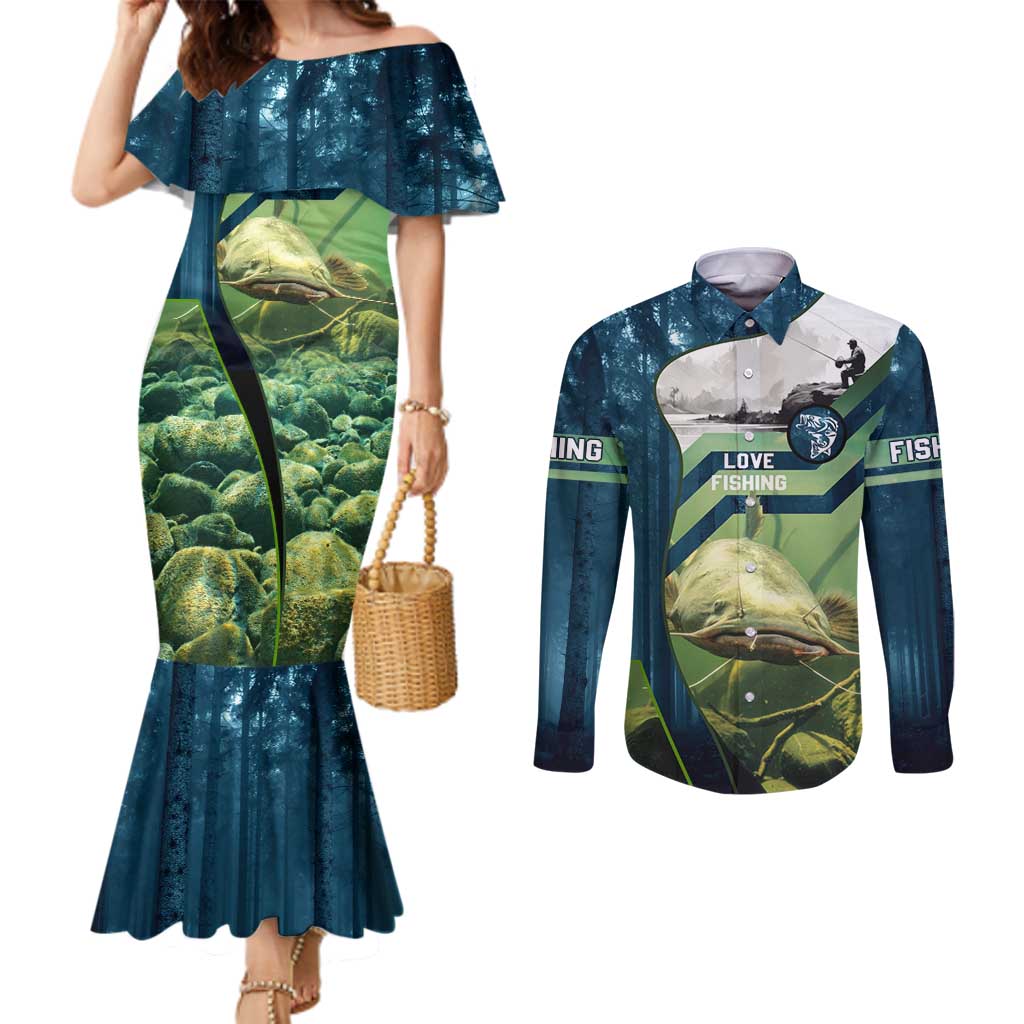 Catfish and Underwater Scene Design Couples Matching Mermaid Dress and Long Sleeve Button Shirt with Forest Background and Fishing Theme Elements - Wonder Print Shop