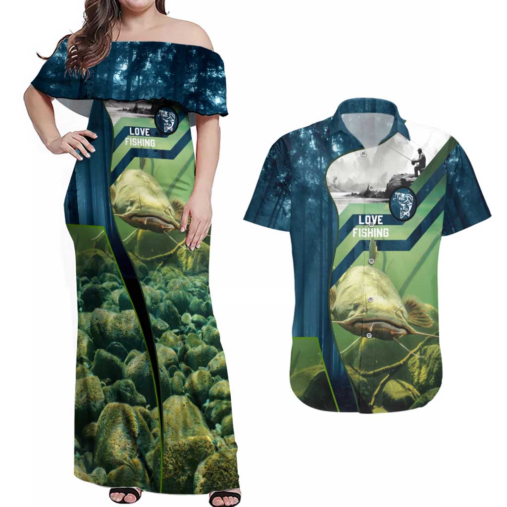 Catfish and Underwater Scene Design Couples Matching Off Shoulder Maxi Dress and Hawaiian Shirt with Forest Background and Fishing Theme Elements - Wonder Print Shop
