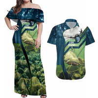 Catfish and Underwater Scene Design Couples Matching Off Shoulder Maxi Dress and Hawaiian Shirt with Forest Background and Fishing Theme Elements - Wonder Print Shop
