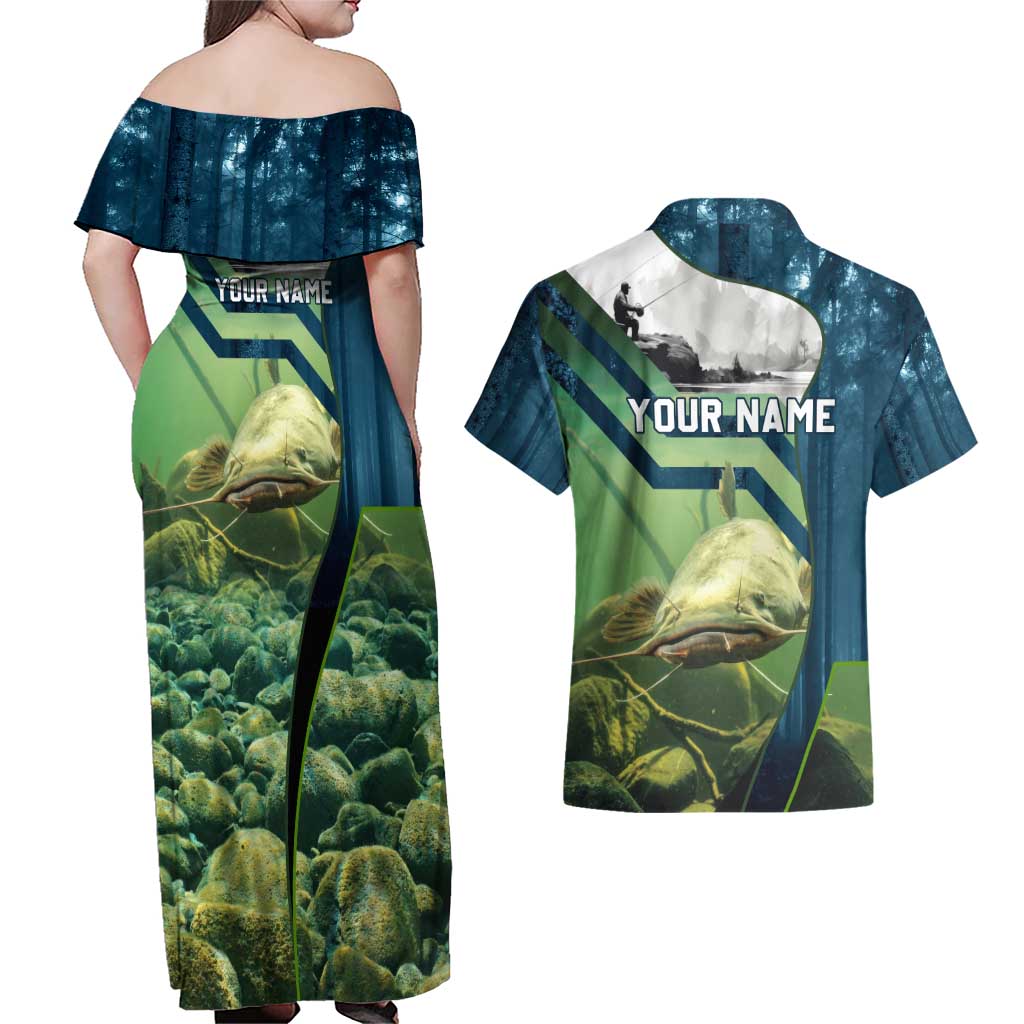 Catfish and Underwater Scene Design Couples Matching Off Shoulder Maxi Dress and Hawaiian Shirt with Forest Background and Fishing Theme Elements - Wonder Print Shop
