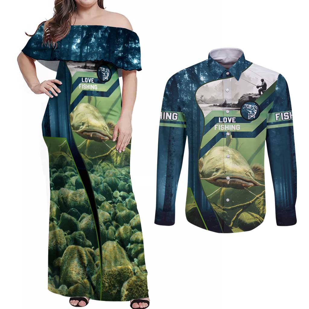 Catfish and Underwater Scene Design Couples Matching Off Shoulder Maxi Dress and Long Sleeve Button Shirt with Forest Background and Fishing Theme Elements - Wonder Print Shop
