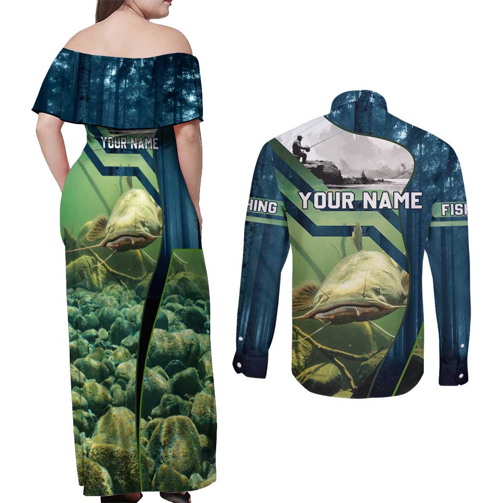 Catfish and Underwater Scene Design Couples Matching Off Shoulder Maxi Dress and Long Sleeve Button Shirt with Forest Background and Fishing Theme Elements - Wonder Print Shop
