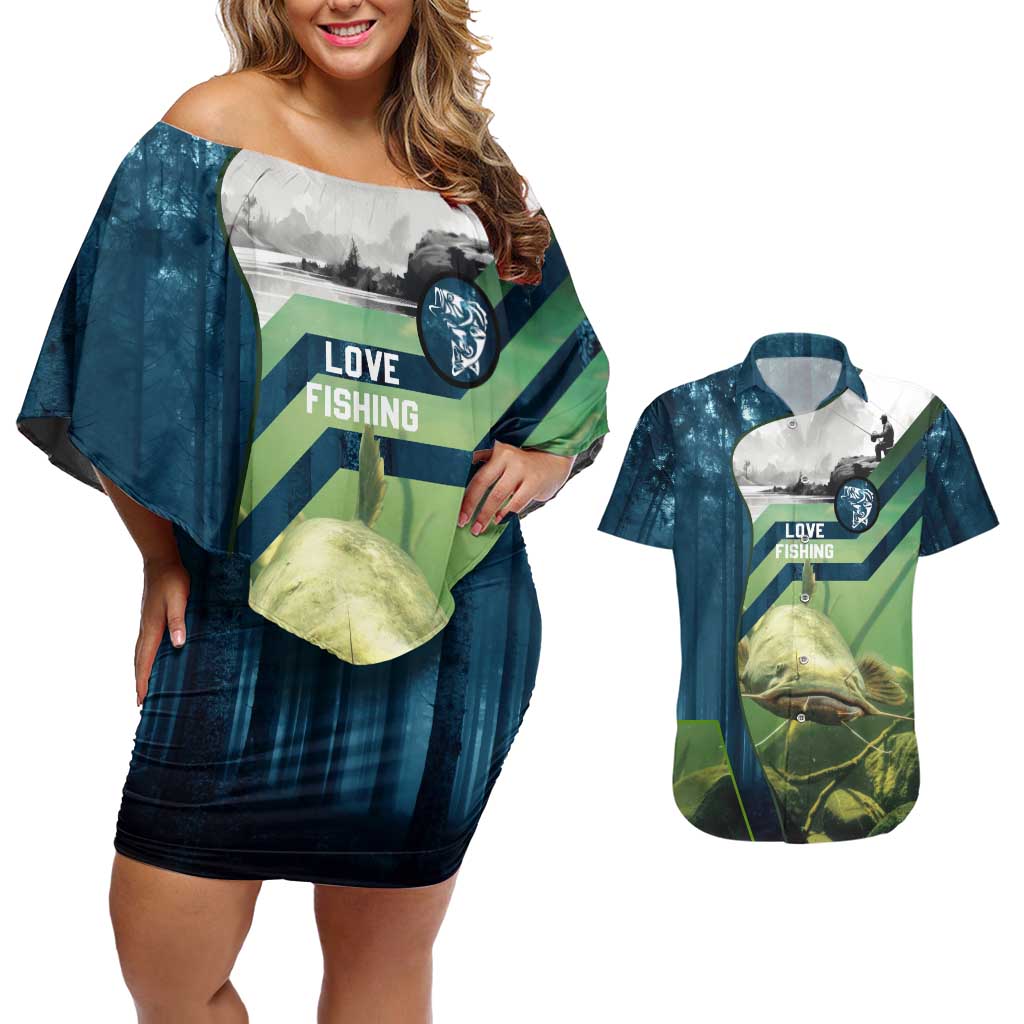 Catfish and Underwater Scene Design Couples Matching Off Shoulder Short Dress and Hawaiian Shirt with Forest Background and Fishing Theme Elements - Wonder Print Shop