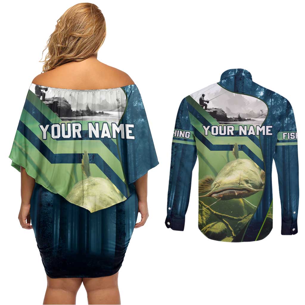 Catfish and Underwater Scene Design Couples Matching Off Shoulder Short Dress and Long Sleeve Button Shirt with Forest Background and Fishing Theme Elements - Wonder Print Shop