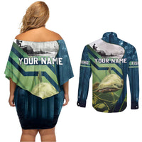 Catfish and Underwater Scene Design Couples Matching Off Shoulder Short Dress and Long Sleeve Button Shirt with Forest Background and Fishing Theme Elements - Wonder Print Shop